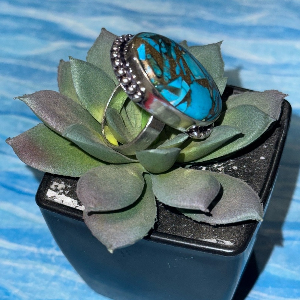 Silver Copper Turquoise Ring - image 5